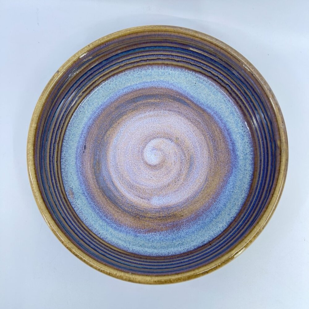 handcrafted studio art pottery ceramic bowl with swirl glaze design 8 5/8"